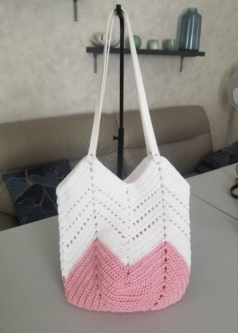 Sac Chevrons Blanc et Rose clair Anses simili cuir 