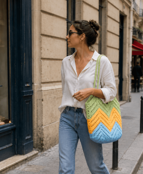 Sac fourre-tout bleu jaune vert au crochet fait main. Grand sac bohème chic