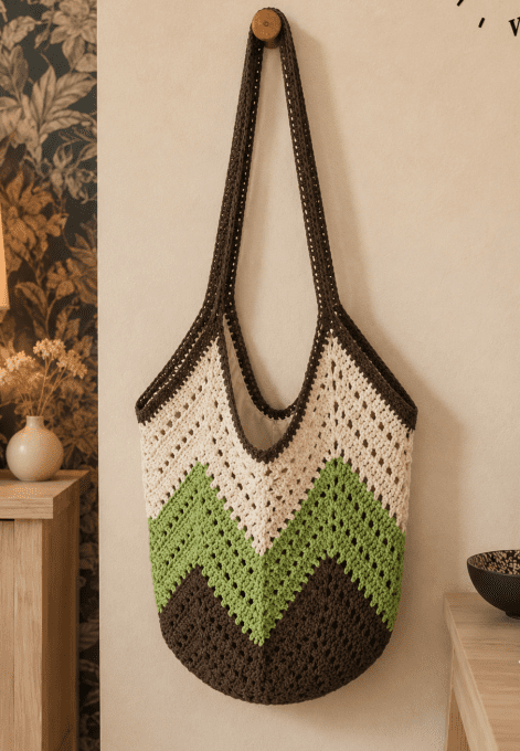 Sac Chevrons Marron Vert Ecru Fait Main Bohème Chic - Copie