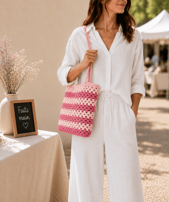 Sac cabas bohème rose clair et rose fuchsia