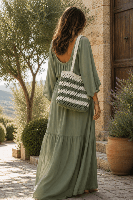 Sac Cabas ECRU VERT Fait Main Bohème Chic