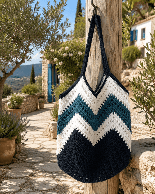 Sac Chevrons MARINE BLANC BLEU CANARD Fait Main Bohème Chic