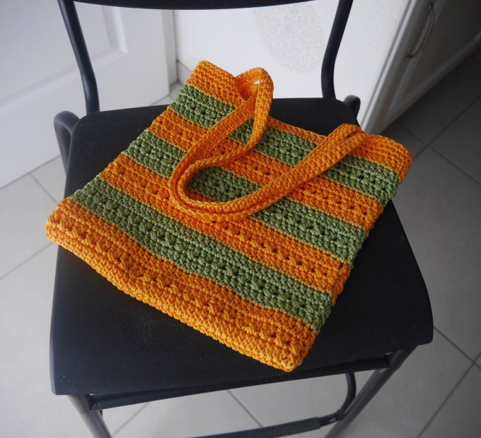 Sac au crochet jaune orangé / vert (style tote bag)