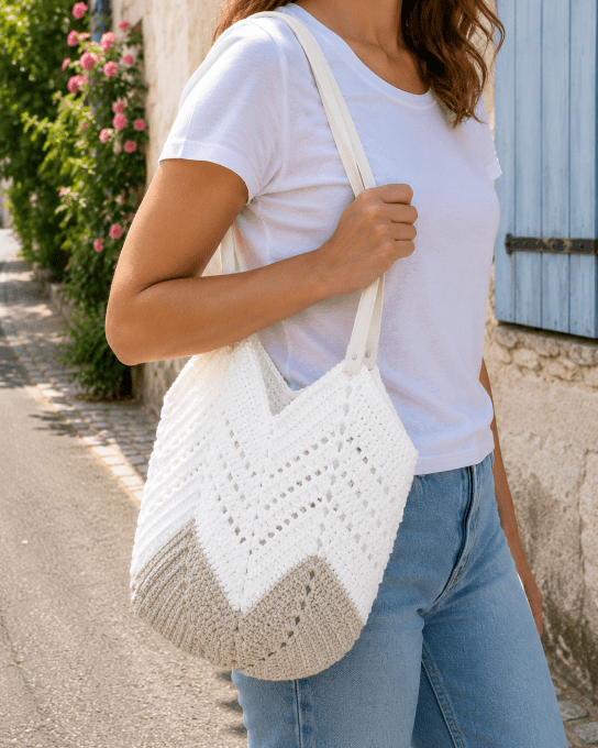 Sac beige et blanc au crichet Bohème chic