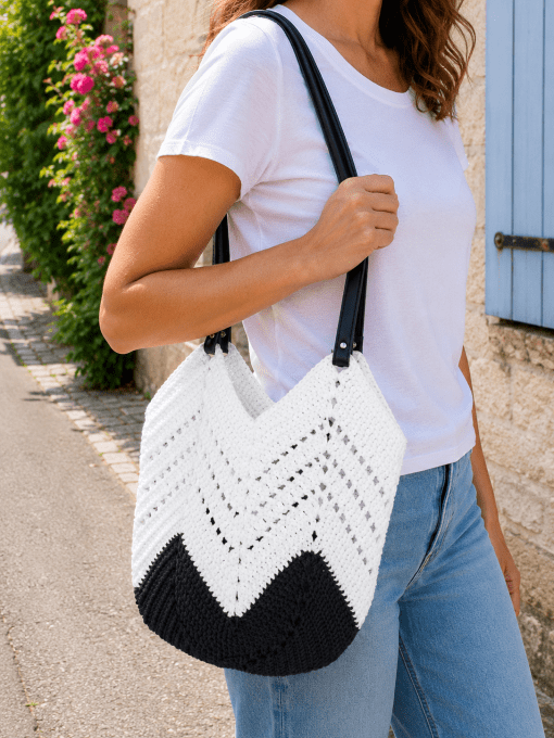 Sac blanc marine au crochet anses simili cuir
