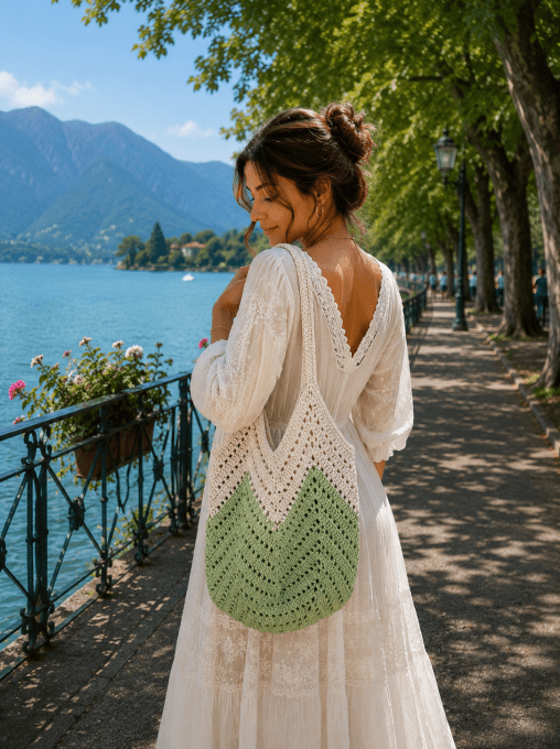 Sac chevrons écru et vert au crochet boheme chic