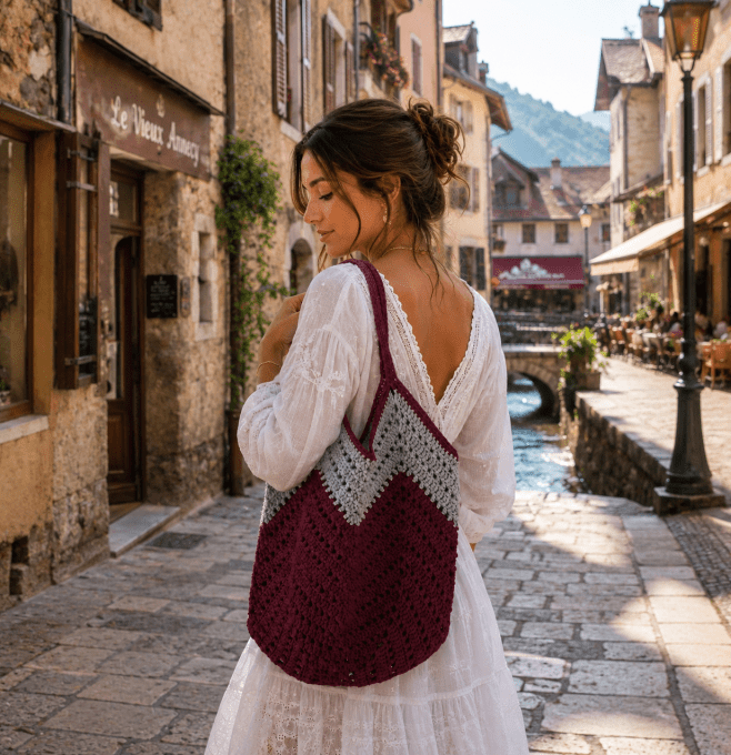 Sac chevrons grenat et gris au crochet boheme chic