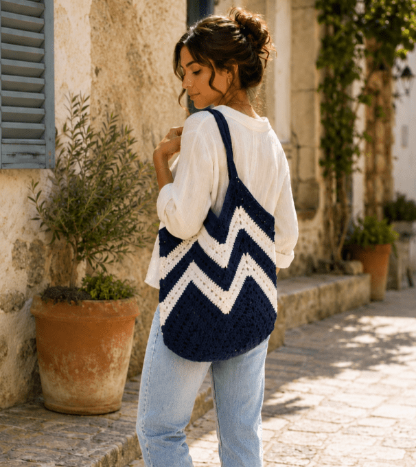 Sac chevrons marine et blanc au crochet boheme chic