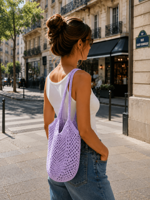 sac filet au crochet mauve porté épaule