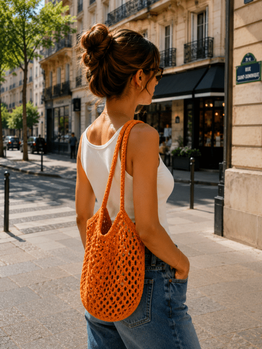 sac filet au crochet orange porté épaule