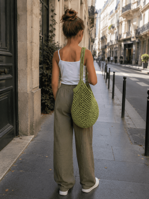 Sac filet au crochet vert citron porté épaule