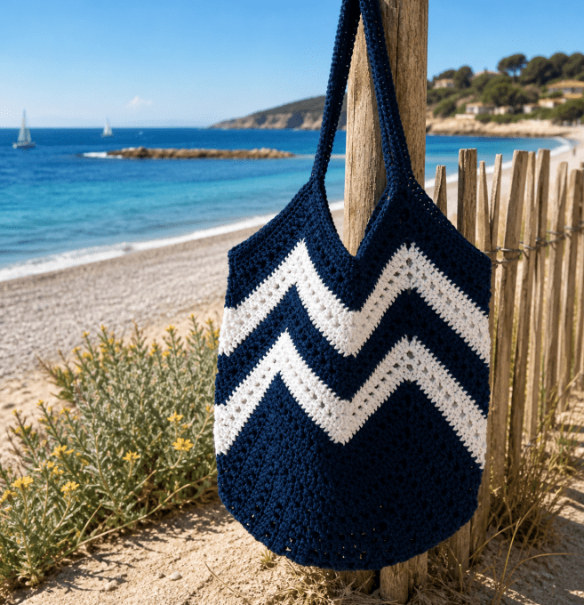 Sac fourre-tout au crochet marine et blanc. Style bohème chic