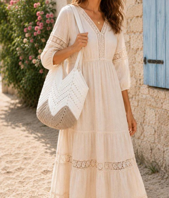 sac fourre-tout au crochet blanc et beige avec anses simili cuir