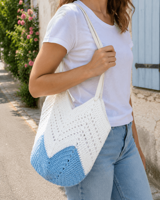 Sac fourre-tout au crochet blanc et bleu ciel fait main avec anses en simili cuir
