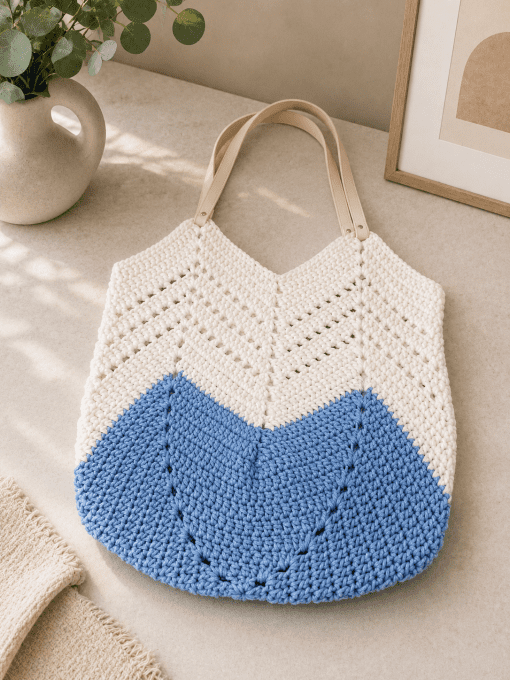 Sac fourre-tout au crochet bleu ciel et blanc fait main avec anses en simili cuir