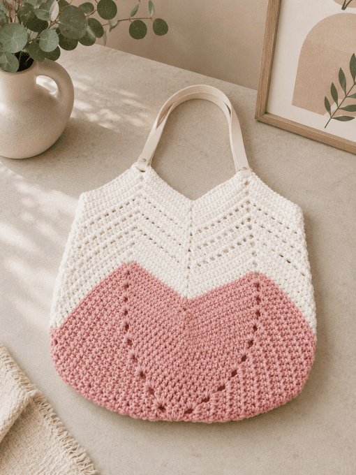 Sac fourre-tout au crochet blanc et rose  fait main avec anses simili cuir