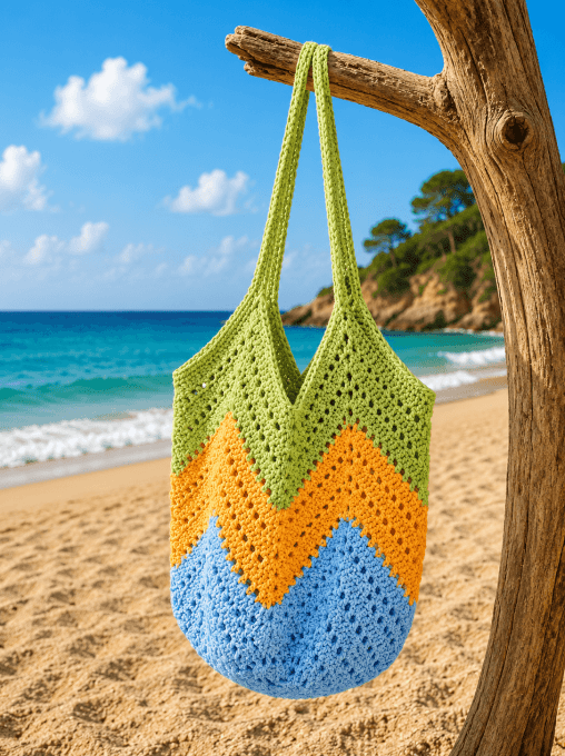 Sac de plage chevrons bleu jaune vrrt. Style bohème chic