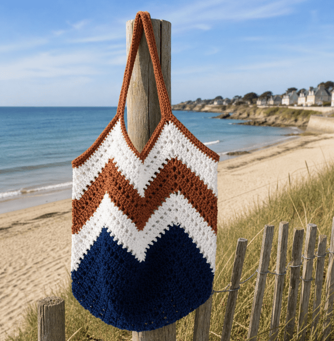 Sac de plage au crochet marine, blanc et rouille