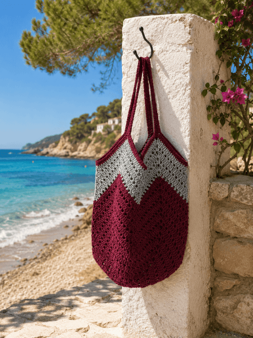 Sac de plage chevrons rouge-gris. Bohème chic