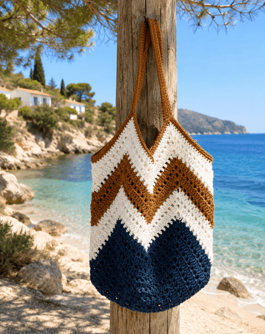 Sac de plage chevrons marine blanc rouille. Style bohème chic