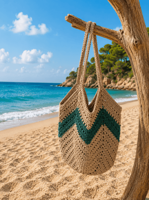 Sac de plage chevrons taupe vert. Style bohème chic