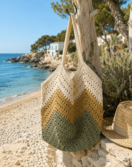 Sac de plage chevrons vert or écru. Style bohème chic