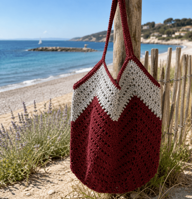 Sac de plage grenat et gris au crochet. Style bohème chic