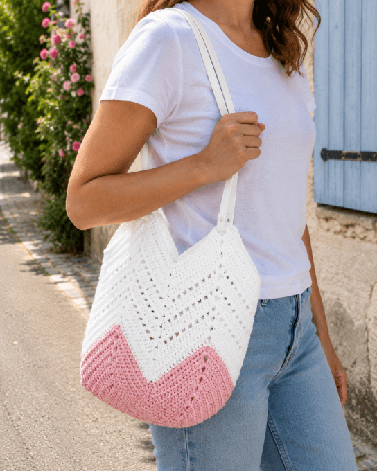 Sac rose et blanc au crichet bohème chic