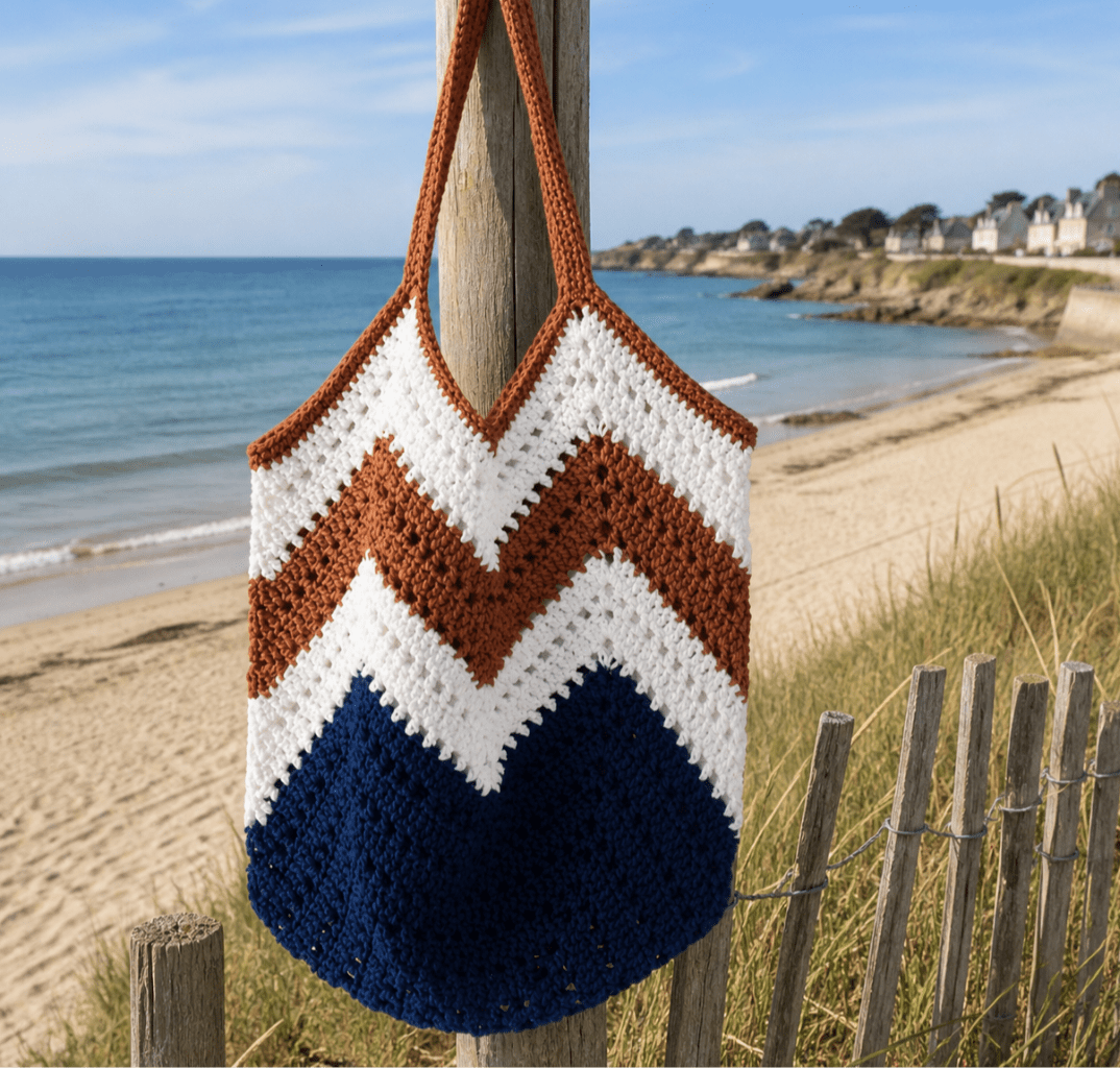 Sac de plage au crochet marine blanc et rouille - fait main - bohème chic
