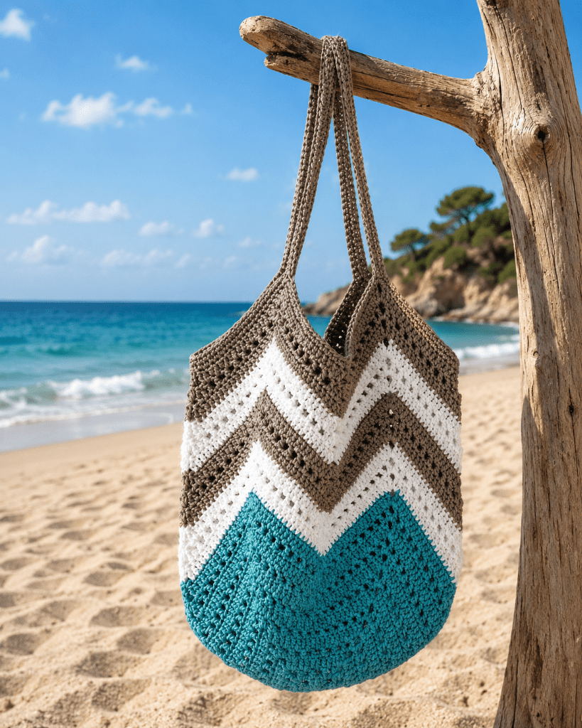 Sac au crochet turquoise blanc taupe - fait main - bohème chic