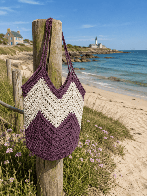 Sac de plage chevrons aubergine et gris. Style bohème chic