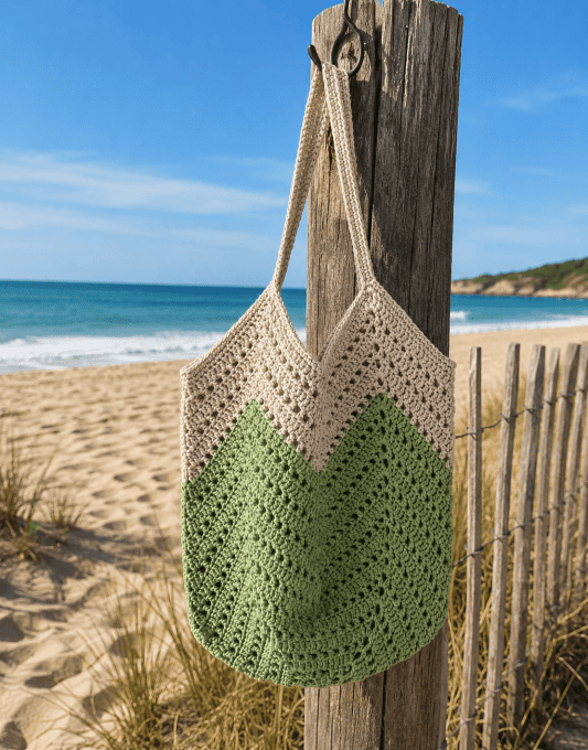 Sac de plage chevrons vert ecru. Style bohème chic
